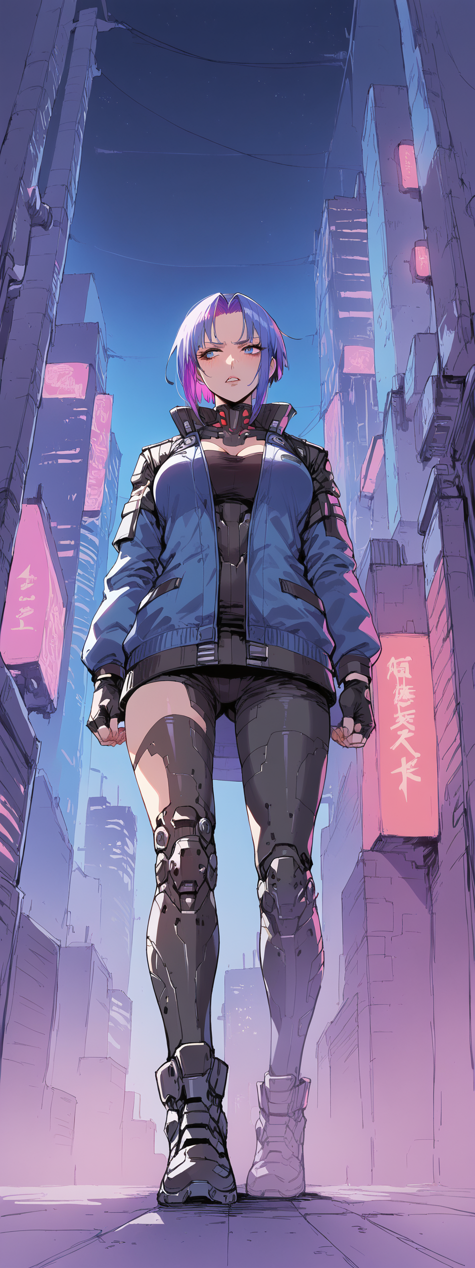 26581572-2829747122-score_6up, mature Woman,  very low angle view, full body view, multi-colored short iridescent hair, long jacket, futuristic,  in.png